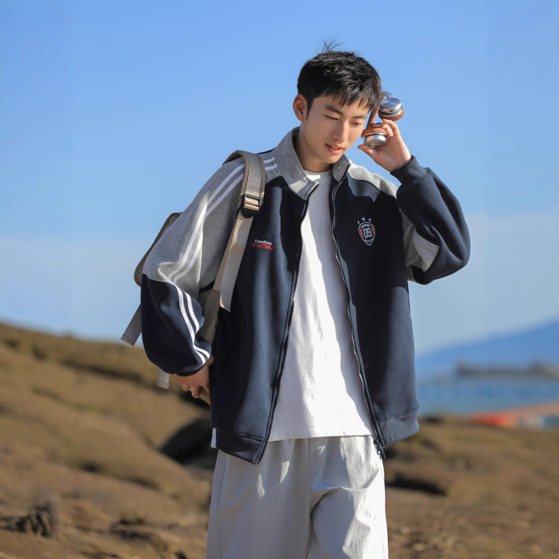 美式撞色插肩袖开衫卫衣男秋季潮牌宽松立领棒球服情侣运动风外套|undefined