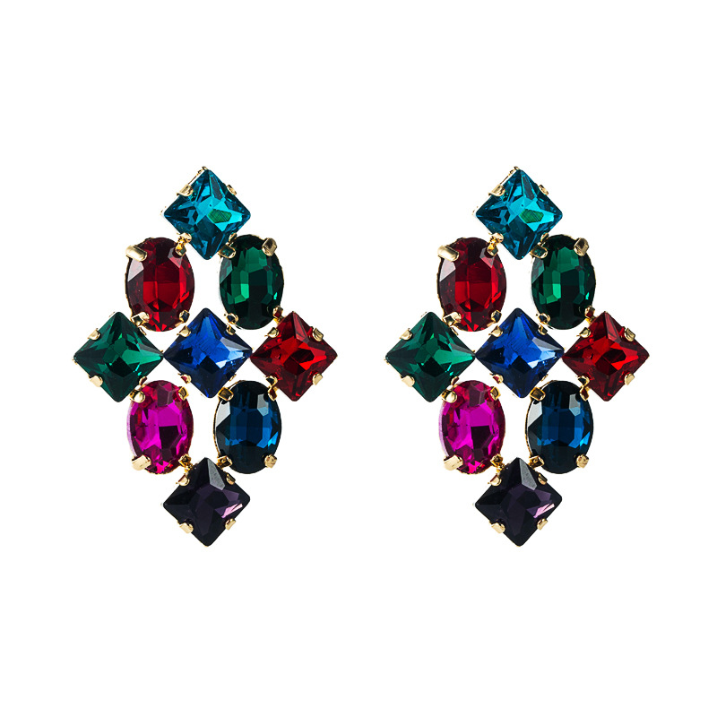 Fashion Color Rhinestone Series Rhombus Earrings Wholesale Nihaojewelry display picture 7