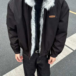 黑色毛领座山雕棉服男冬季美式高街立领棉袄cleanfit加厚短款外套