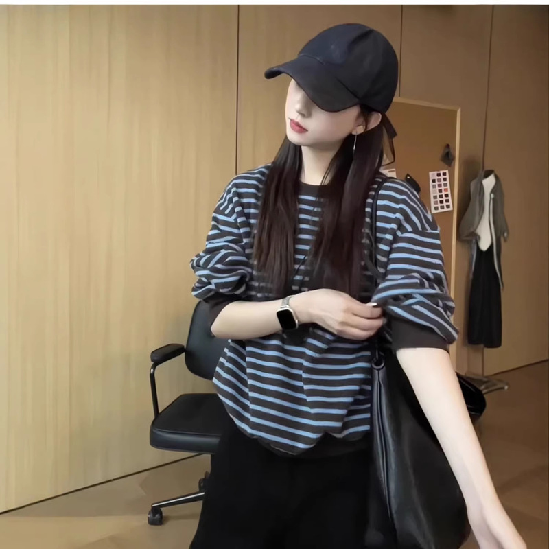 Korean Style Versatile Round Neck Striped Color-Blocking Sweatshirt 2026 New Model Unique Base Layer Loose Top for Petite Women