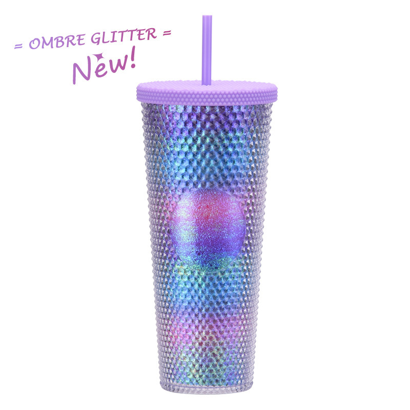 二層プラスチックストローカップ大容量クリエイティブ 710 ミリリットルドリアンカップハンドカップ発光変色レインボーグラデーションカップ|undefined