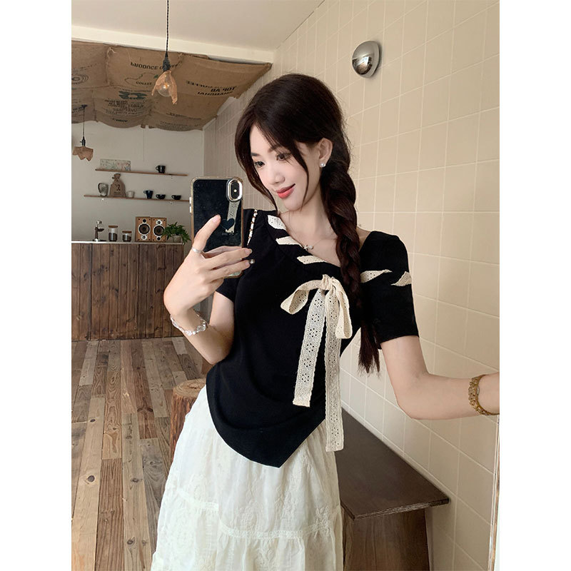 Morning Collar [Original Quality] Designed Slanted Shoulder Black Short Sleeve Sweet Style Bow Tie Short Sleeve T-Shirt for Women