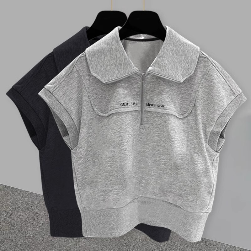 Half-Zip Large Square Collar Sleeveless Summer Men's T-Shirt Korean Style Trendy Splicing Handsome Design Embroidered Outer Vest