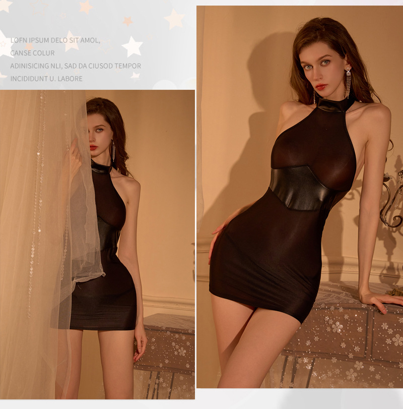 See-Through Hip-Hugging Secretary Skirt Dress, Patent Leather Patchwork, Pull-On Black Lingerie — detail image 12