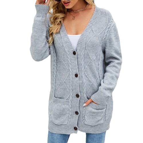 Autumn/Winter European and American Women's Long Coat, Women's Long Cardigan, Pure Color Cable-Knotted Open Top, Long-Sleeved