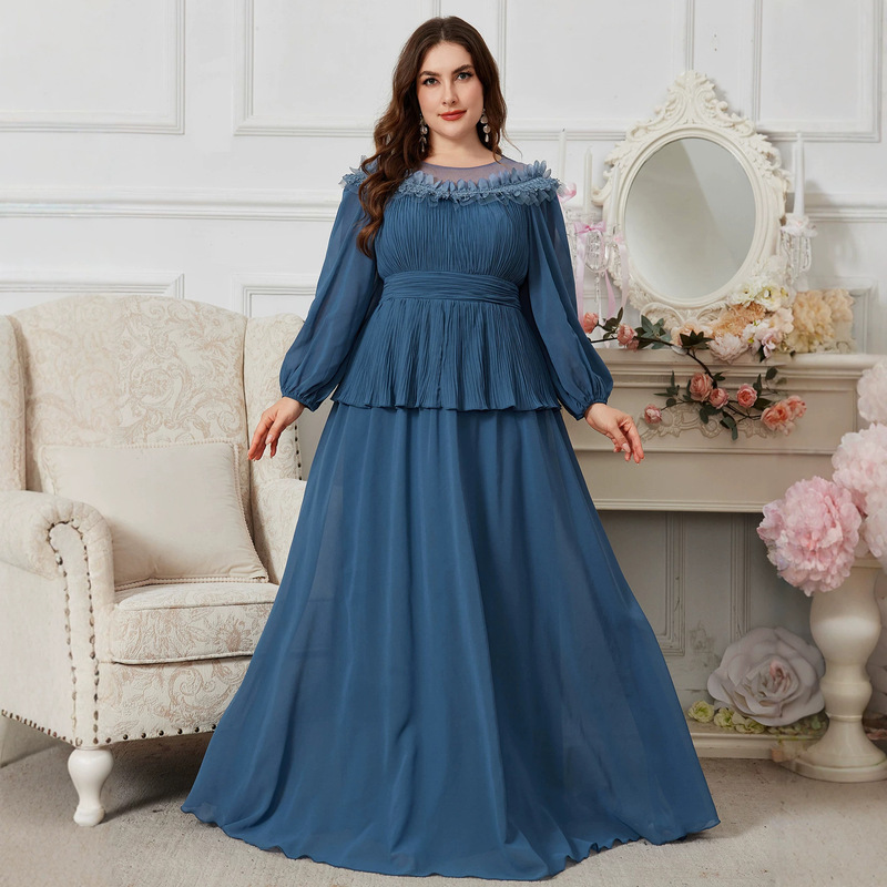 Plus-size round-neck long-sleeve dress with front pleats, pastoral style, faux two-piece with large skirt hem, party dress in misty blue