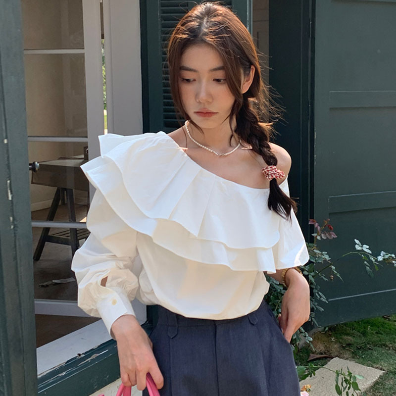 Korean style chic exterior French style retro irregular slant shoulder stitching double-layer ruffled loose long sleeve shirt top