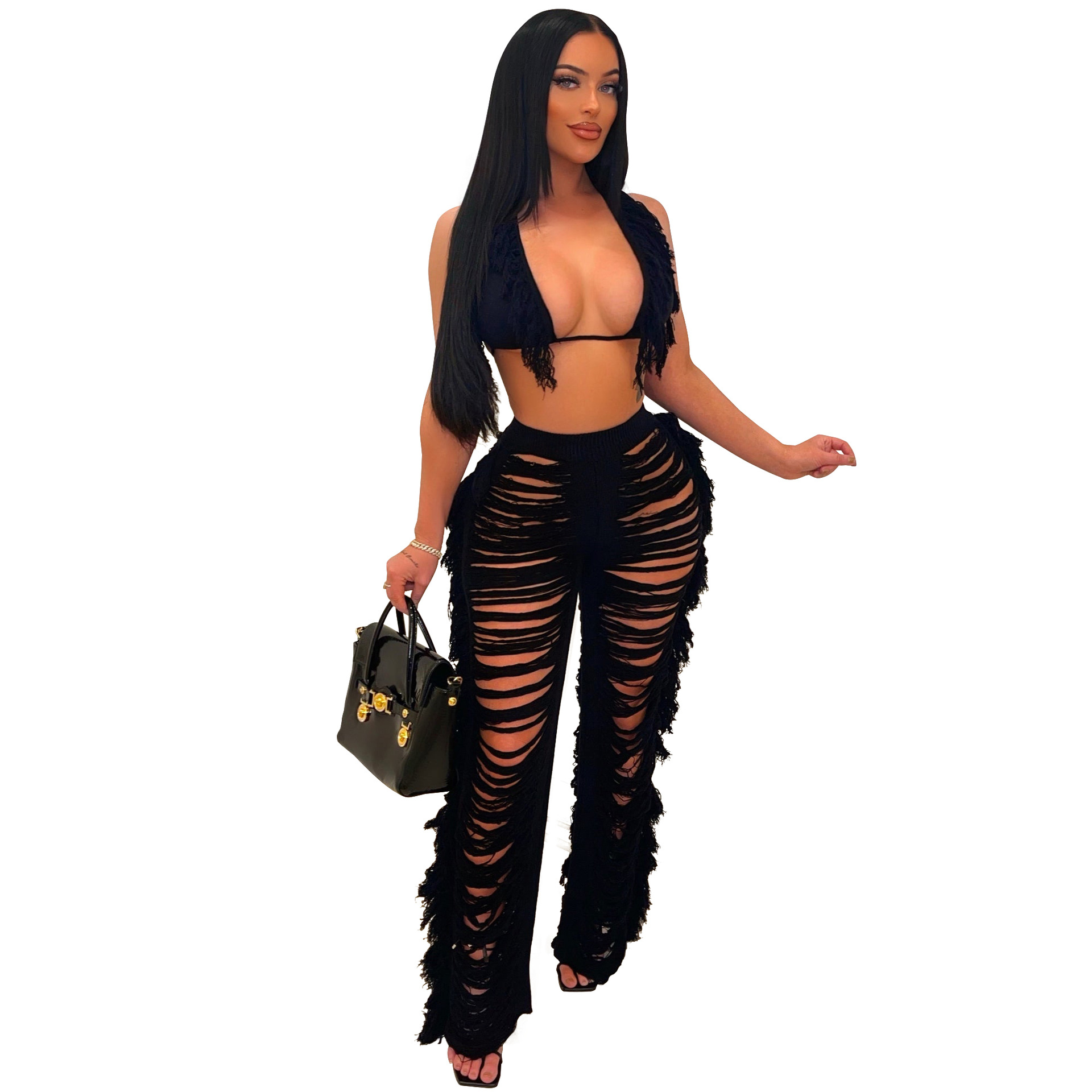 Women's Clothing summer new women's sexy tassel knitted pants suit_voghion.com