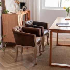 美欧式做旧家用扶手餐椅 复古实木围椅 木质软包洽谈阳台单人沙发