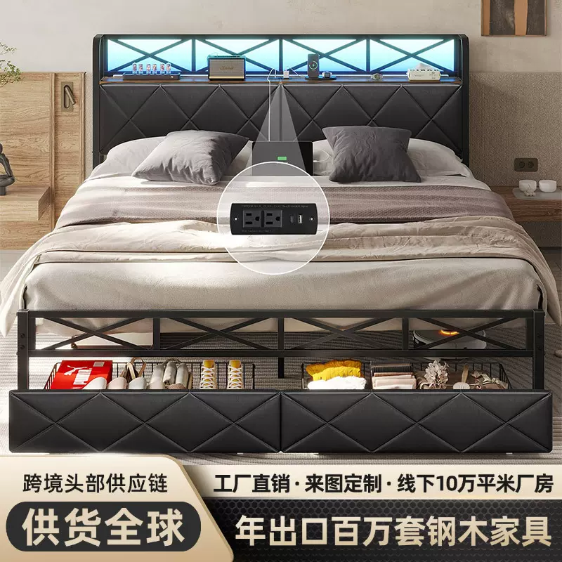 跨境新款双人床软包床钢木铁架床带抽屉储存空间欧美布艺床定制