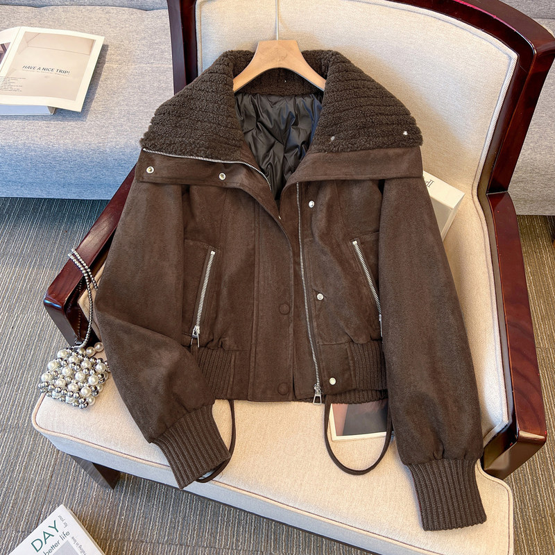 Lamb Wool Lapel Brown Suede Jacket with down Lining, Short Style for Women, 2026 Winter New Unique and Beautiful Jacket