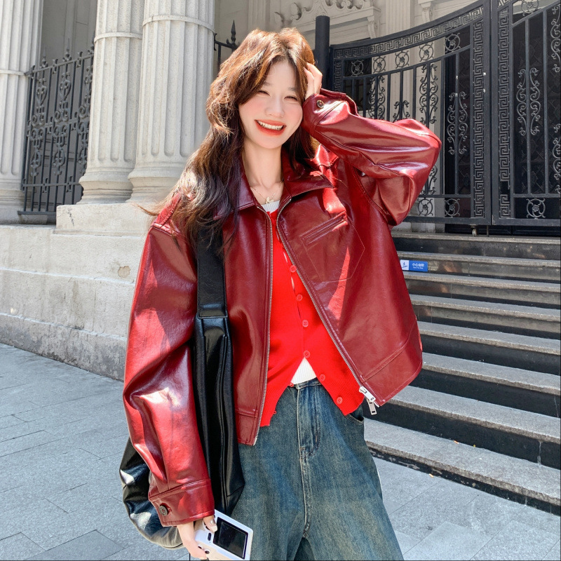 Real Shot of Red High-End Retro Pu Leather Jacket for Women, New Autumn Style with a Waxed Finish, Short Motorcycle Leather Jacket