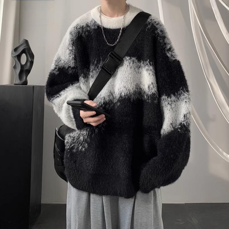 Round Neck Knitwear Men's Winter Thickeneded Warm Youth Lazy Trend Brand American Retro Contrast Color Knitwear Jacket