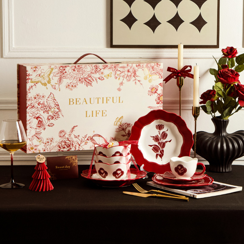 Dining Table Aesthetic Ceramic Tableware Tulip Red Household High-Value Gift Box Cup Dish Plate Set