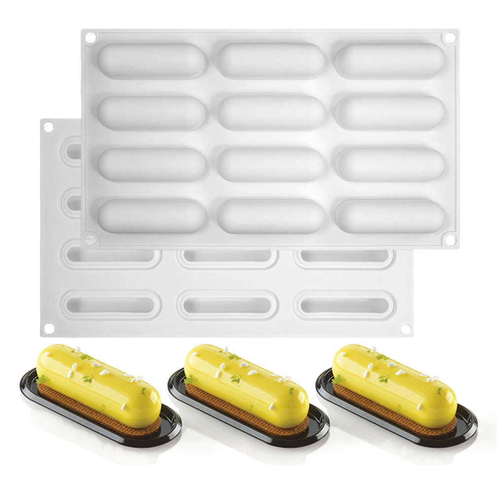 Refinado largo mousse pastel molde colección francés postre sándwich molde de silicona cilindro ovalado crujiente salchicha molde