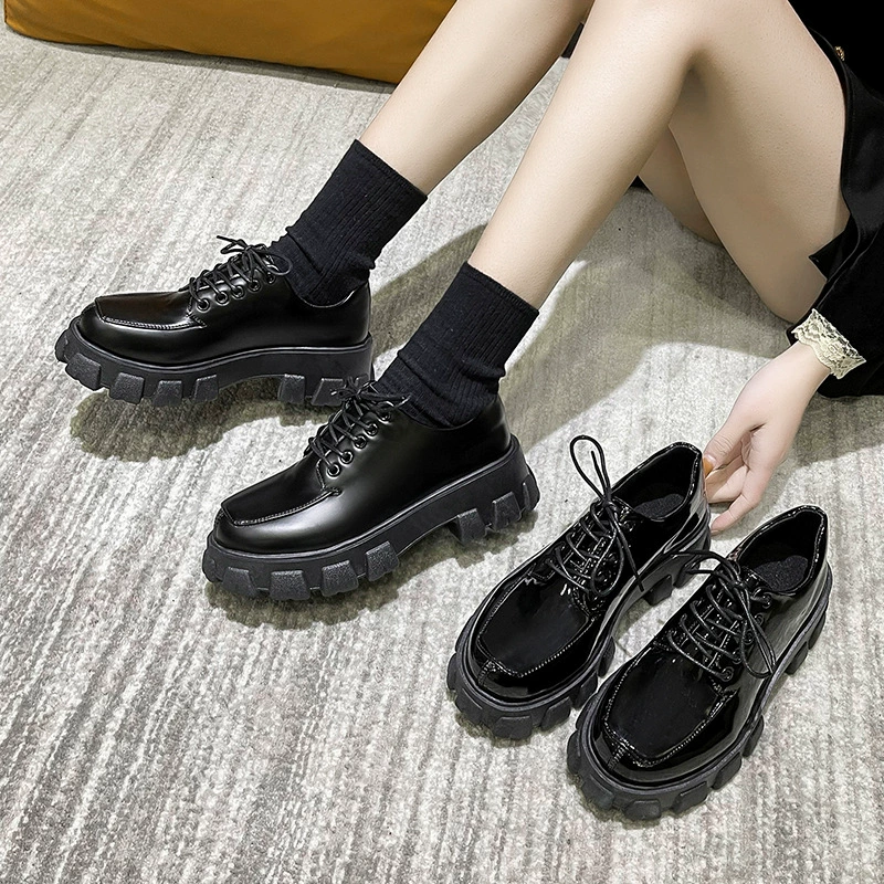 Маленькие кожаные туфли женские на толстой подошве 2021, Новинка осени, однослойные туфли в британском стиле преппи на шнуровке, женская обувь на платформе, женская обувь оптом