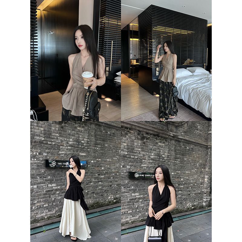 2026 New French-Style V-Neck Sleeveless Shirt, Korean Version Simple Tank Top, Pure Desire Blouse, Summer Halter Neck Tie-Up Top