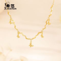 s925纯银新中式金色蝴蝶波浪项链女戴妃古法高级感气质锁骨链时尚