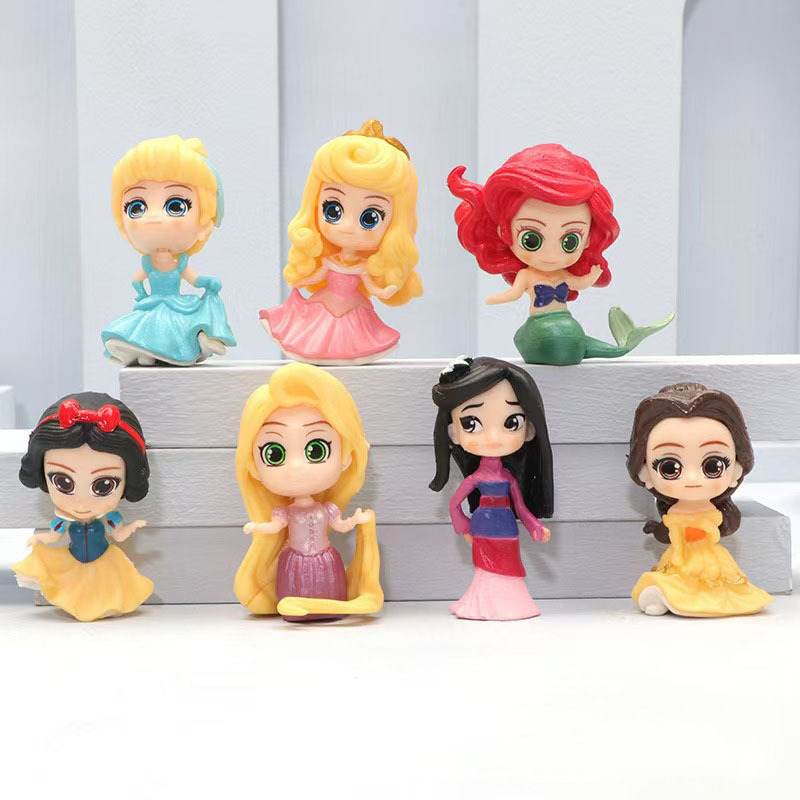 Cross-Border 7 Q Version Princess Figures Snow White Mermaid Mulan Cinderella Toy Doll Model Ornaments