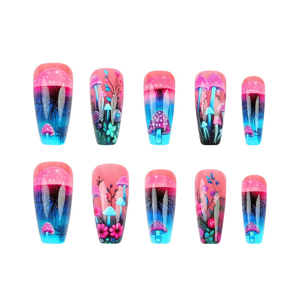 Fantasía de color gradiente hongos bosque lluvioso desgaste de uñas Y2K atmósfera de comercio exterior 24 piezas de uñas falsas suministro directo