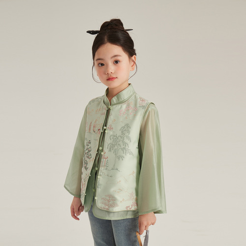 2024 Spring New Style Children's Western Style Shirts Chinese Style Vest Girls New Chinese Style Embroidered Vest Jacket Two-piece Set