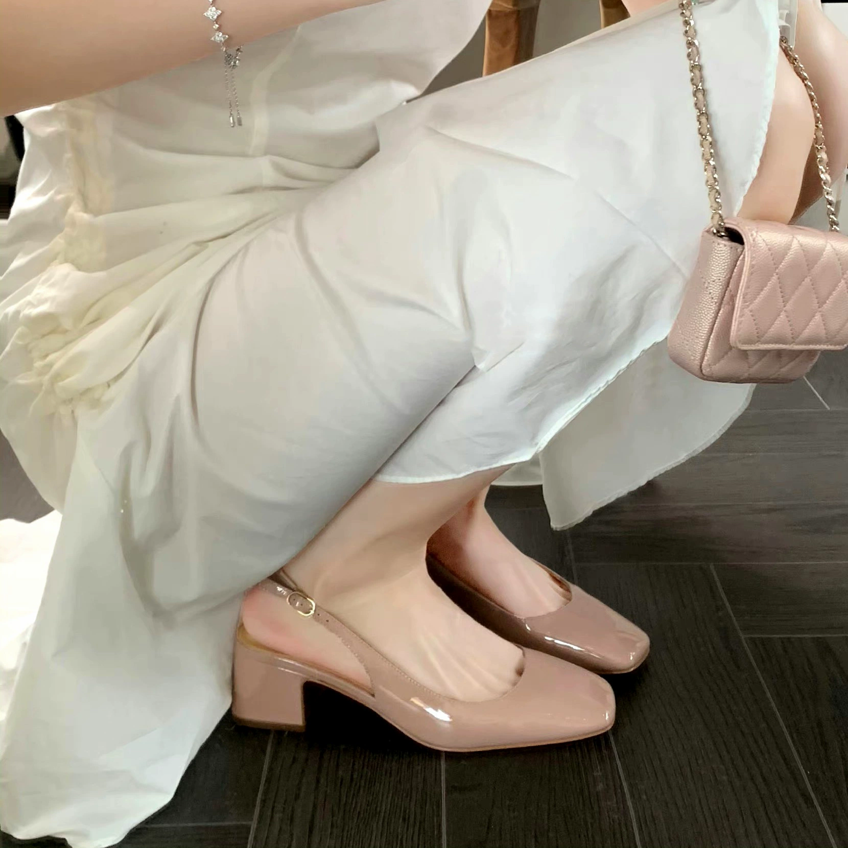 Версия из овчины ~ Летний новый стиль, элегантные однотонные женские босоножки на высоком каблуке из натуральной кожи с квадратным носком и полым неглубоким носком на толстом каблуке