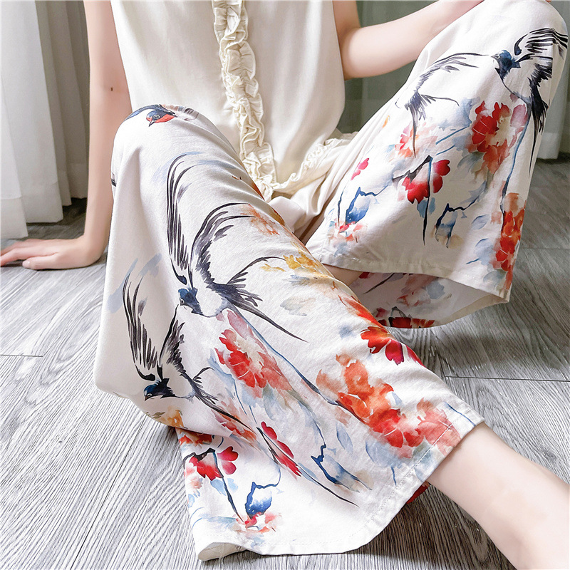 Pantalones de pijama de seda de algodón para mujer Pantalones de pierna ancha casuales impresos de dibujos animados delgados de verano las mujeres embarazadas pueden usar pantalones de comercio exterior pantalones de una sola capa