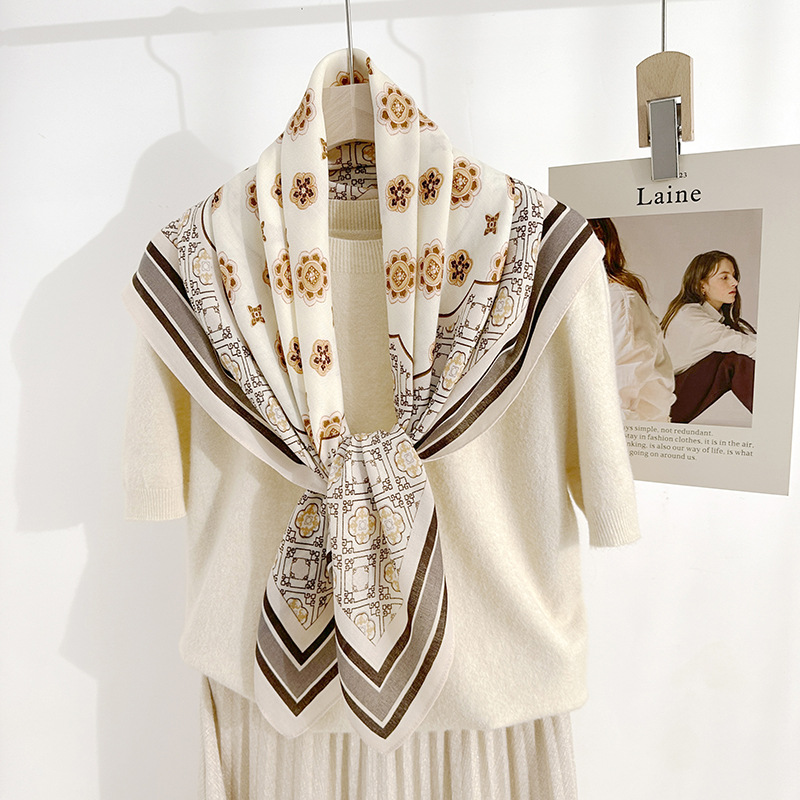 Pañuelo de seda con estampado floral geométrico para mujer de moda de primavera y verano