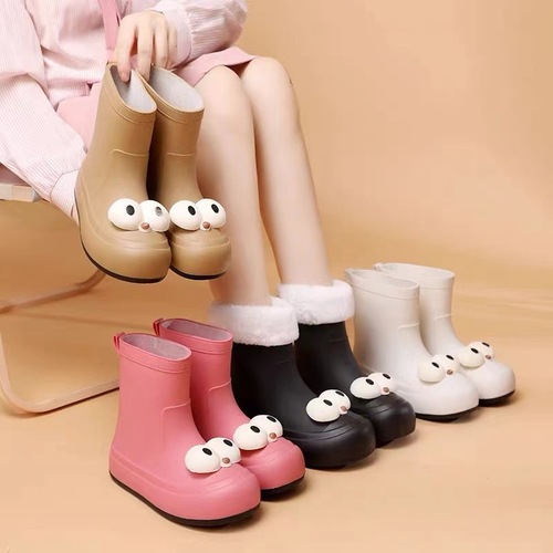 Cute cartoon all-season rain boots for women, velvet, warm, non-slip, waterproof shoes, women's rain boots, short-tube outdoor parent-child water boots