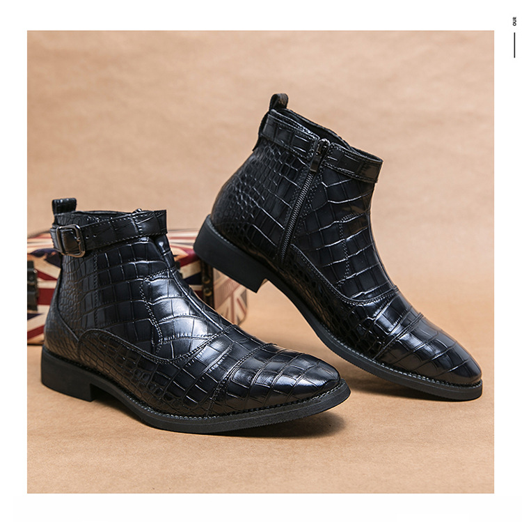 Men's crocodile pattern leather boots side zipper pointed leather shoes