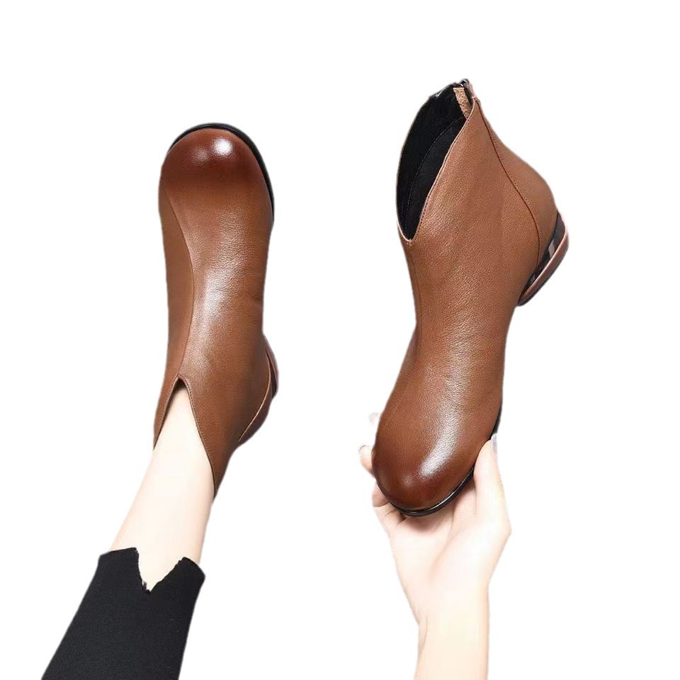 Retro Round-toe Low-heel Ankle Boots For Women In Single Leather_voghion.com