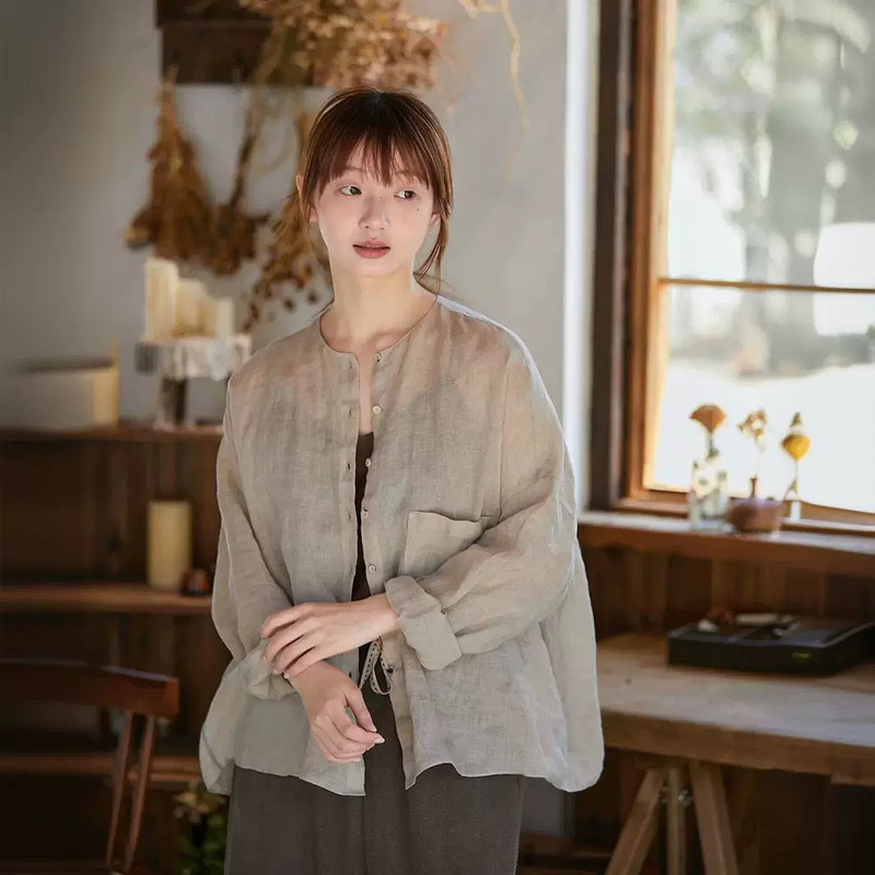 Summer 30-Inch Rain Dew Linen Round Neck Placket Relaxed Large Shirt 7359B