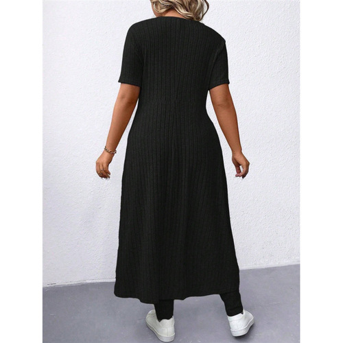 2025 Spring & Fall Bestselling New Arrival European & American Cross-Border Fashion Casual Short-Sleeve Slit Long Dress and Pants Set