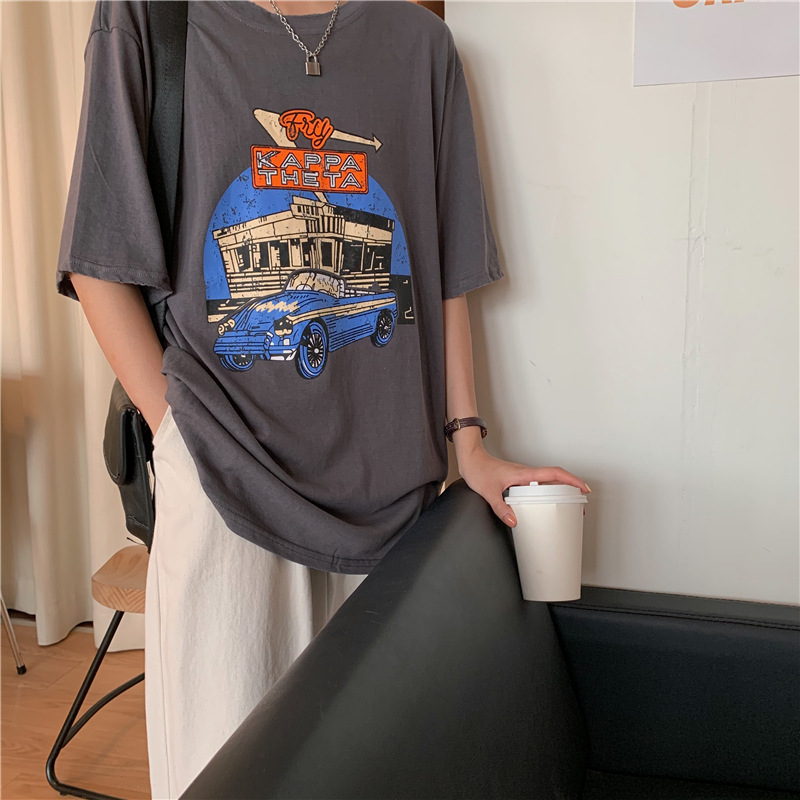 Dam t-shirt med cartoon tryck lös passform sommar topp_voghion.com