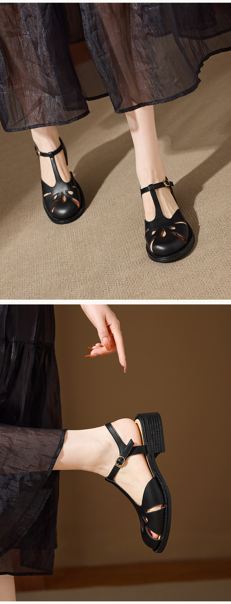 Sandal nữ da bò kiểu La Mã quai chữ T gót thấp — màu nâu chi tiết 13
