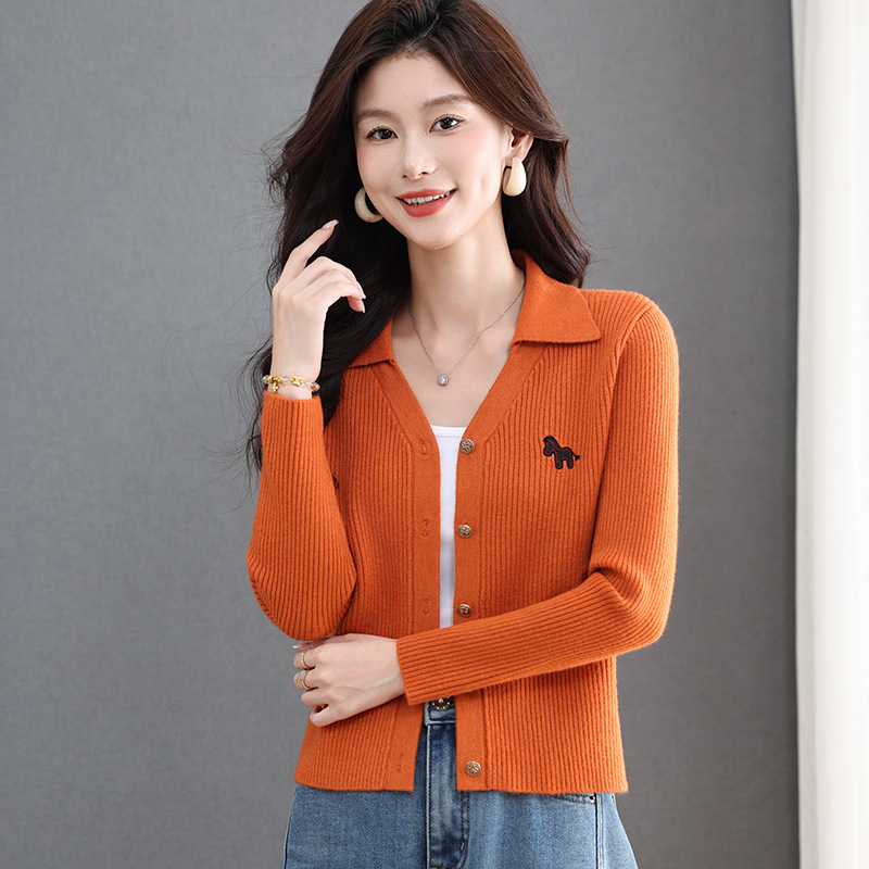 短款Polo翻领毛衣外套2026新款春秋修身开衫女士小个子针织上衣减