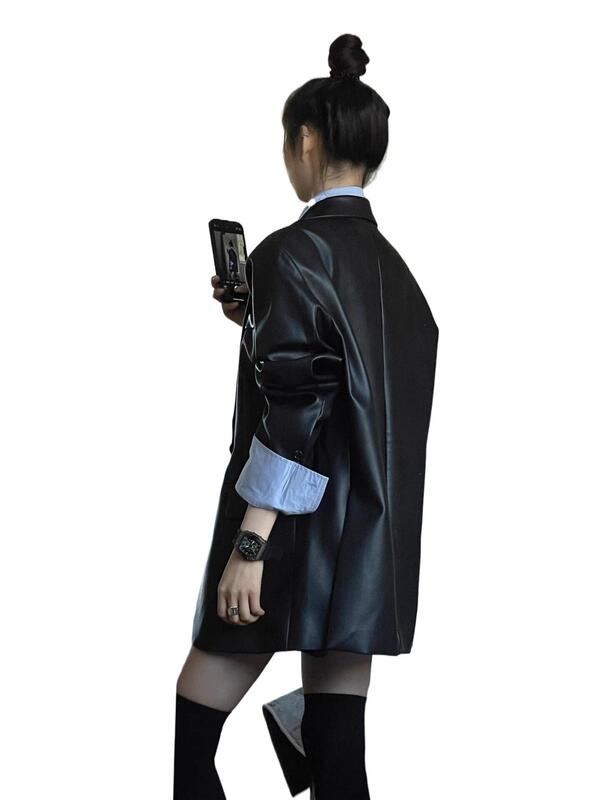 皮衣西装外套女2025早秋外套新款黑色复古宽松休闲气质感上衣|undefined