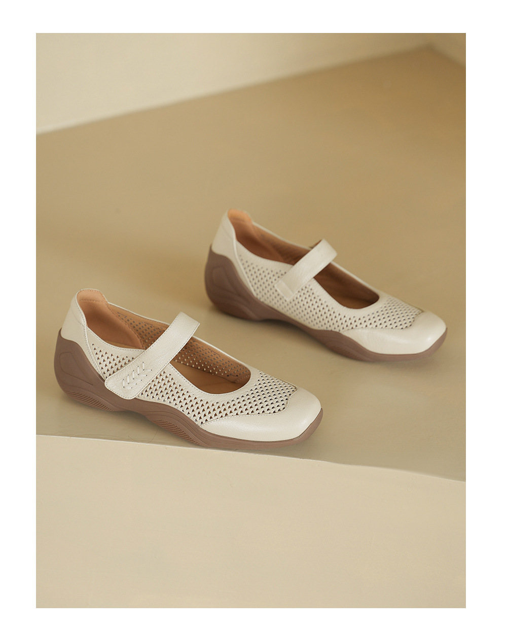 Giày sneaker nữ đế dày da cừu quai ngang lỗ rỗng — màu trắng ngà chi tiết 16