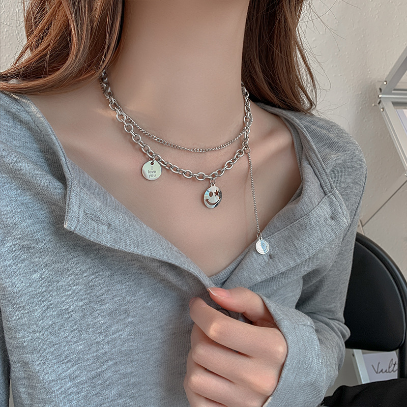 High-Grade Letter Titanium Steel Necklace Female Couple Double-Layer Non-Fading Exquisite All-Match Pearl Sweater Chain Jewelry Wholesale