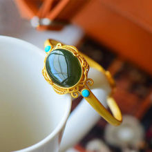 天然青玉玉髓开口手饰圆形复古高端大气绿松石宫廷气质女士手镯