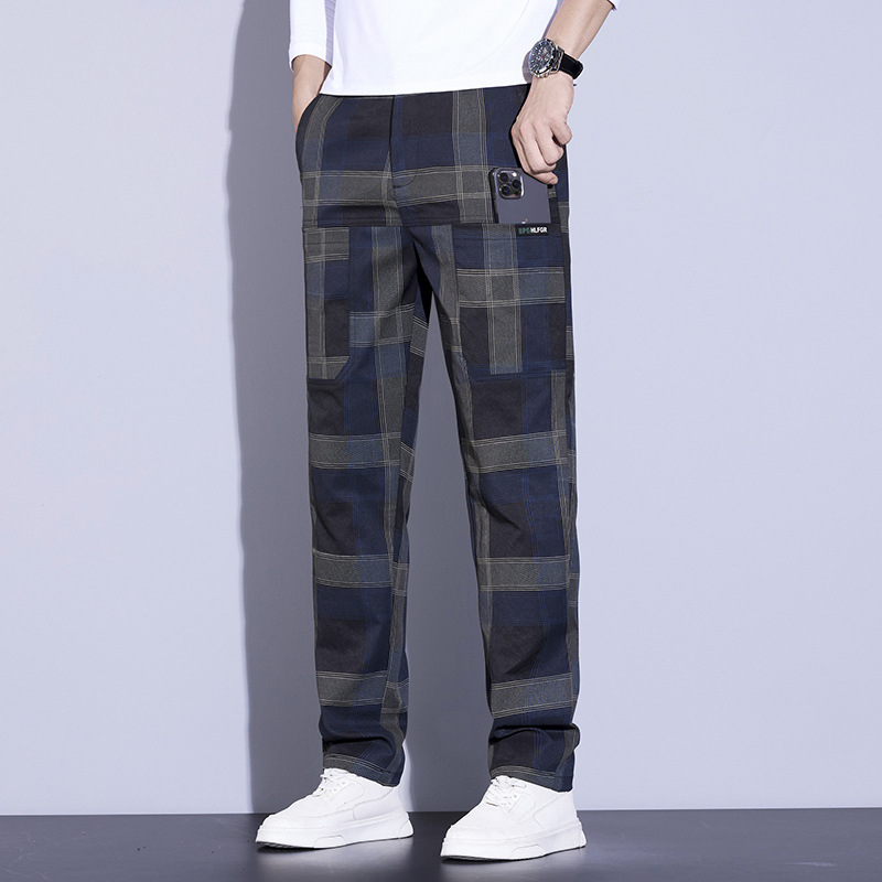 Autumn new men's plaid casual pants trend Joker stretch multi-bag tooling straight long pants a generation of hair