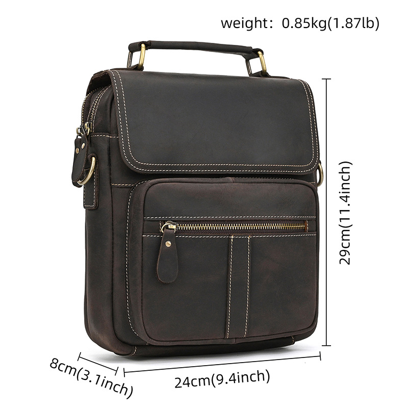 メンズ本革ショルダーバッグ、クレイジーホースレザークロスボディバッグ、トップグレイン牛革フリップカバーショルダーバッグ、iPadバッグ、越境専用