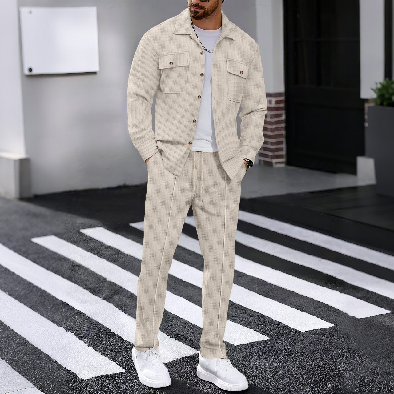 Completo da uomo autunnale con maniche a waffle, pantaloni lunghi, giacca casual con doppia tasca, camicia da lavoro, stile transfrontaliero europeo e americano._voghion.com