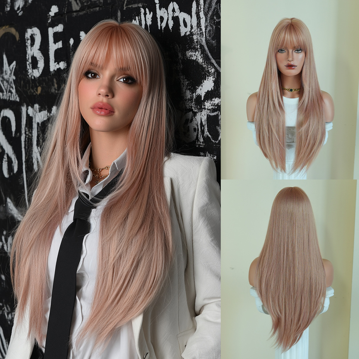 Peruca de moda femenina cara redonda capa de cabello recto super largo cabello negro completo peluca de alta calidad fibra química cubierta de cabeza