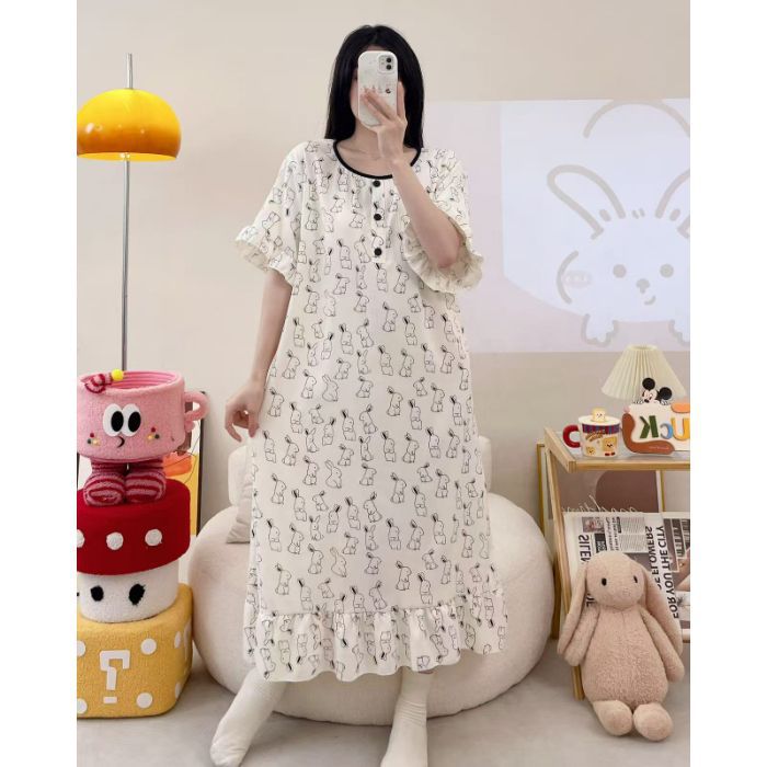 Camisón transfronterizo verano nuevo estilo femenino falda larga de manga corta dulce y linda nube de algodón estilo simple pijama de cuello redondo se puede usar afuera