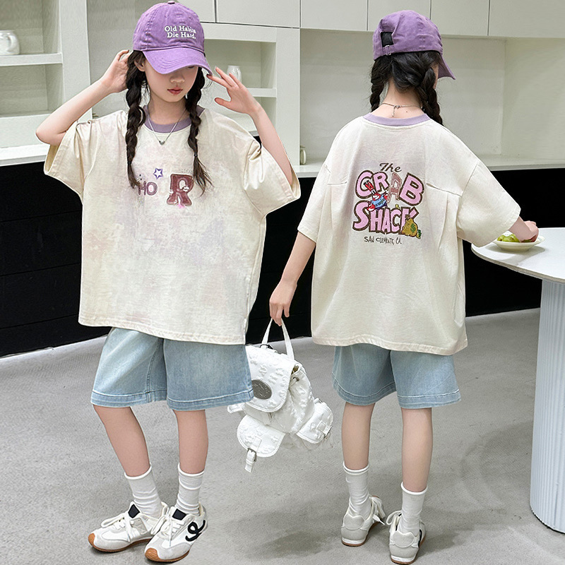 女童T恤夏季薄款纯棉上衣2025新款儿童韩系中大童网红宽松打底衫