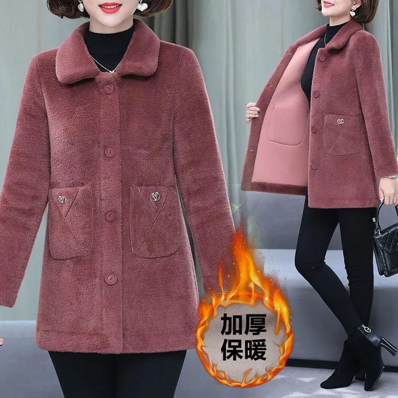 妈妈冬外套仿羊羔绒中长款新款洋气中老年女皮毛一体毛呢大衣