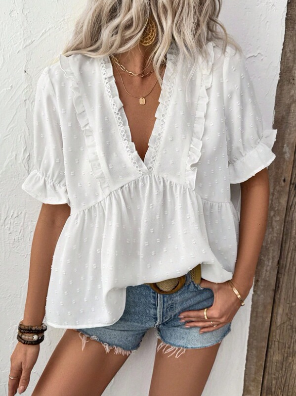 2025 European and American Amazon Independent Station Lace Top Butterfly Sleeve V Neck Shirt Casual and Elegant Ruffled Short Sleeves