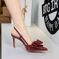 312-H87 European and American high-heeled shoes with a feminine feel, thin heel, patent leather, shallow mouth, bow tie, straight strap, and empty pointed toe sole
