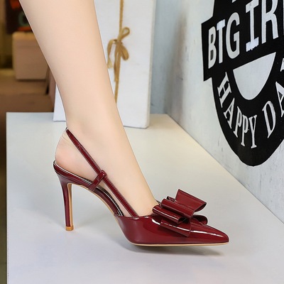 312-H87 European and American high-heeled shoes with a feminine feel, thin heel, patent leather, shallow mouth, bow tie,